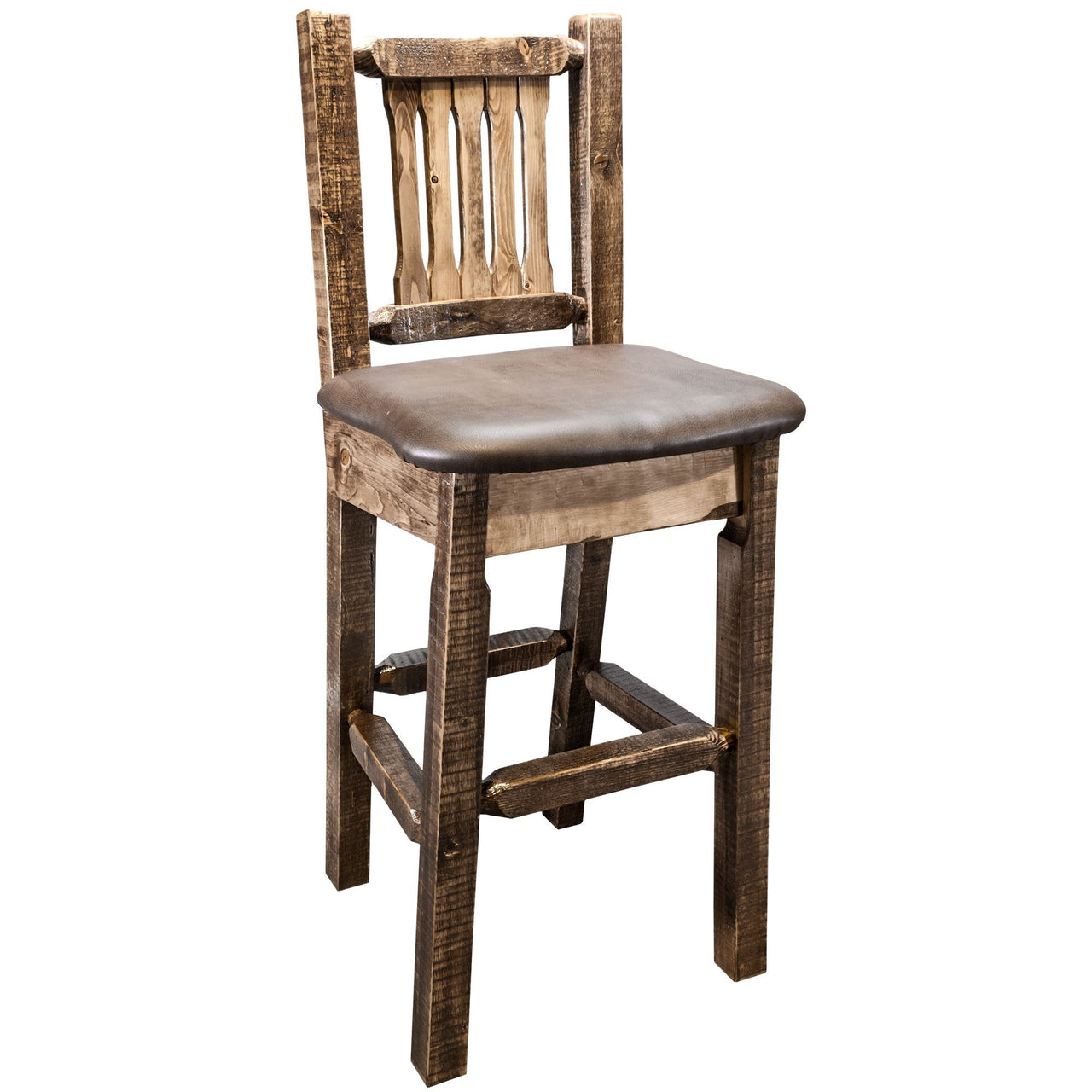 Montana Homestead Collection MWHCBSWNRSLSADD Barstool With Back Stain and Lacquer Finish Seat - Saddle Upholstery