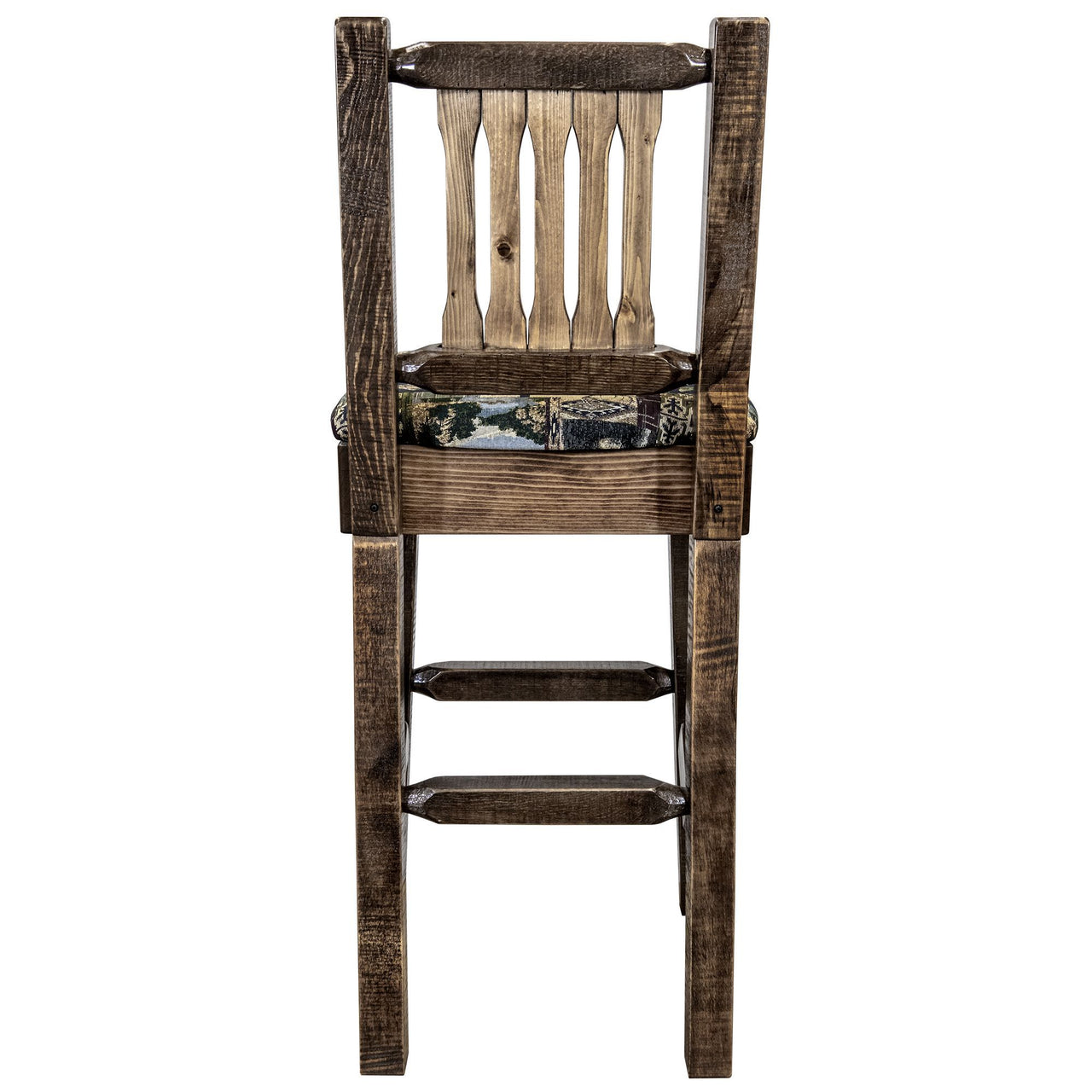 Montana Homestead Collection MWHCBSWNRSLWOOD Barstool With Back Stain and Lacquer Finish Upholstered Seat - Woodland Pattern
