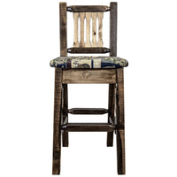 Thumbnail for Montana Homestead Collection MWHCBSWNRSLWOOD Barstool With Back Stain and Lacquer Finish Upholstered Seat - Woodland Pattern Front