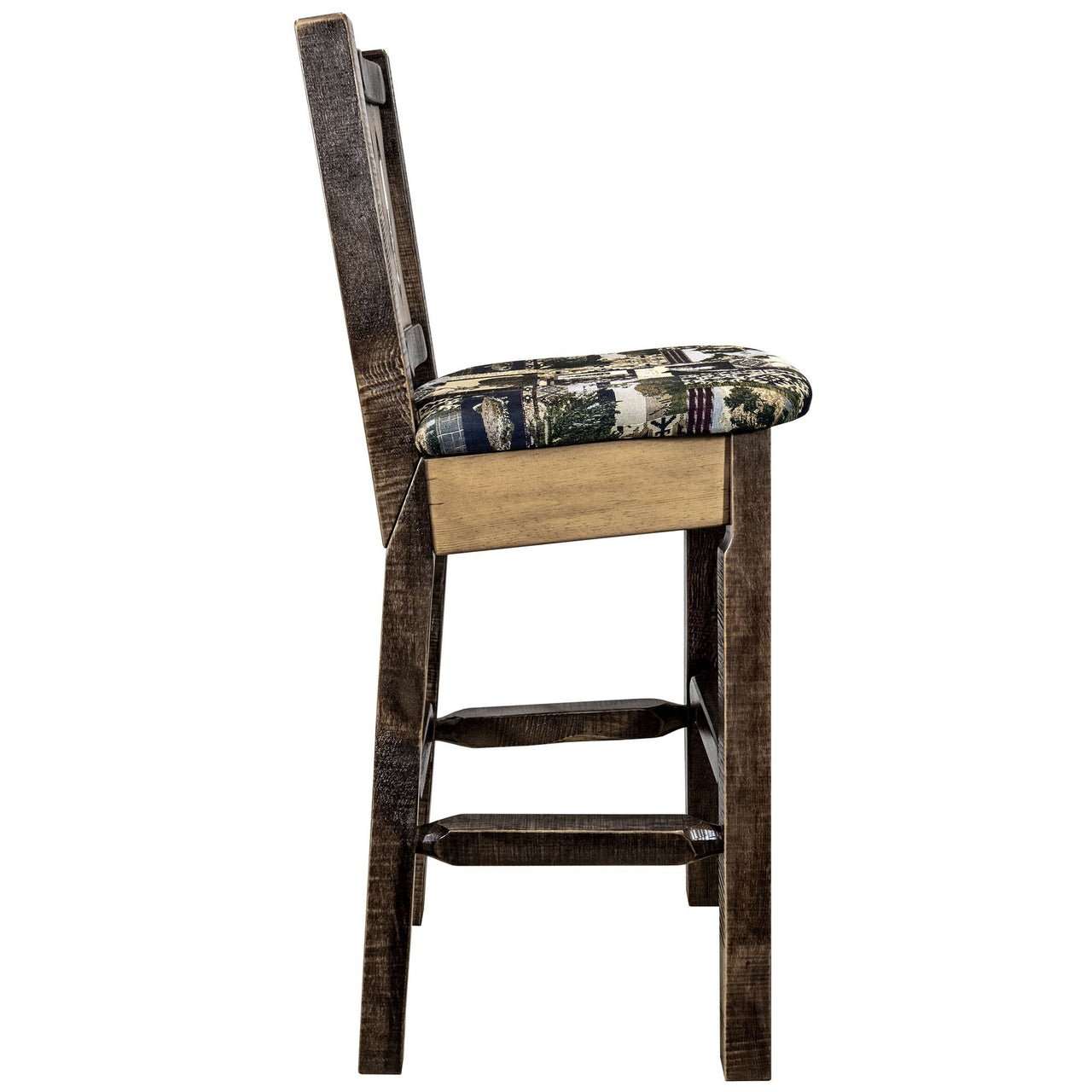 Montana Homestead Collection MWHCBSWNRSLWOOD Barstool With Back Stain and Lacquer Finish Upholstered Seat - Woodland Pattern right side