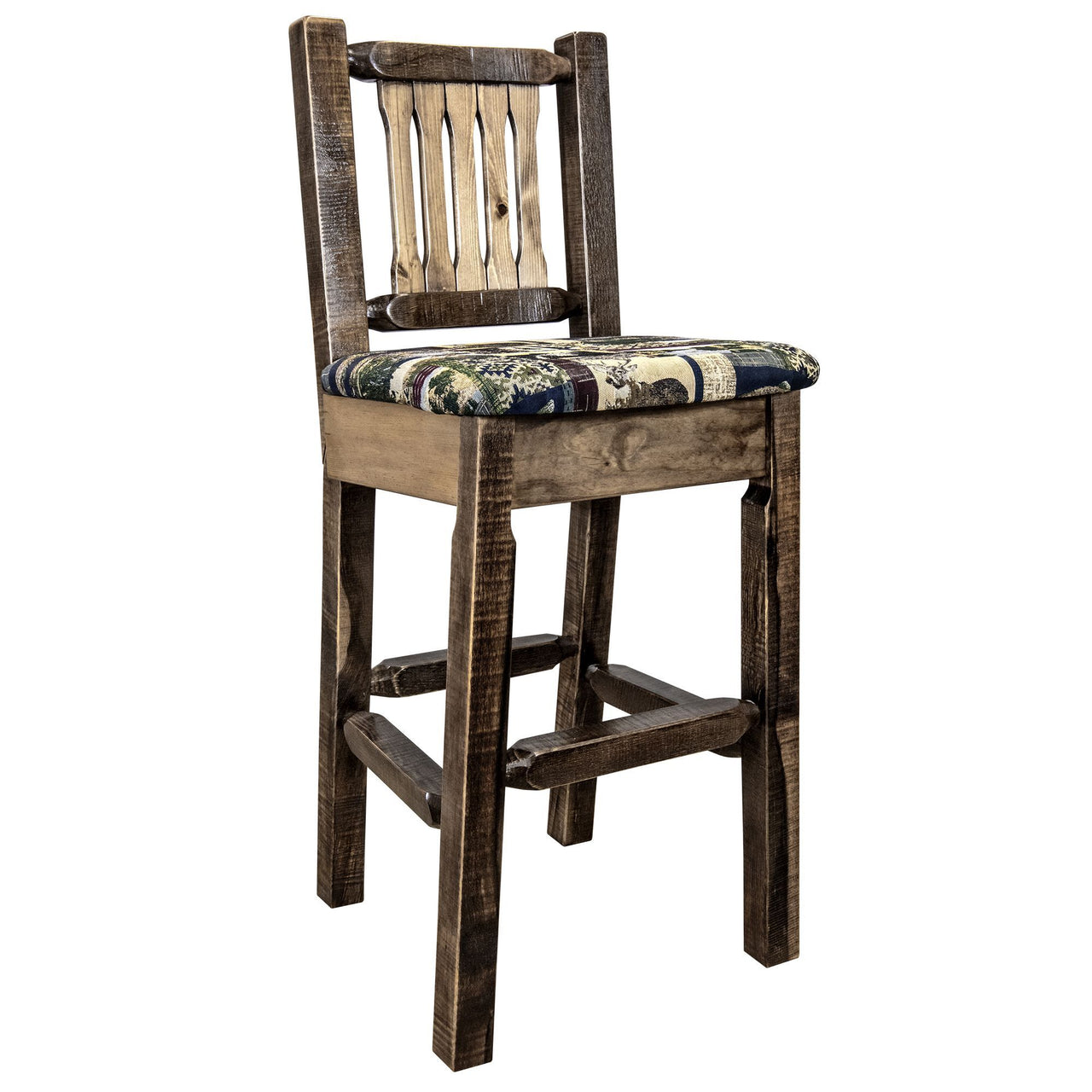 Montana Homestead Collection MWHCBSWNRSLWOOD Barstool With Back Stain and Lacquer Finish Upholstered Seat - Woodland Pattern