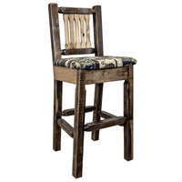 Thumbnail for Montana Homestead Collection MWHCBSWNRSLWOOD Barstool With Back Stain and Lacquer Finish Upholstered Seat - Woodland Pattern