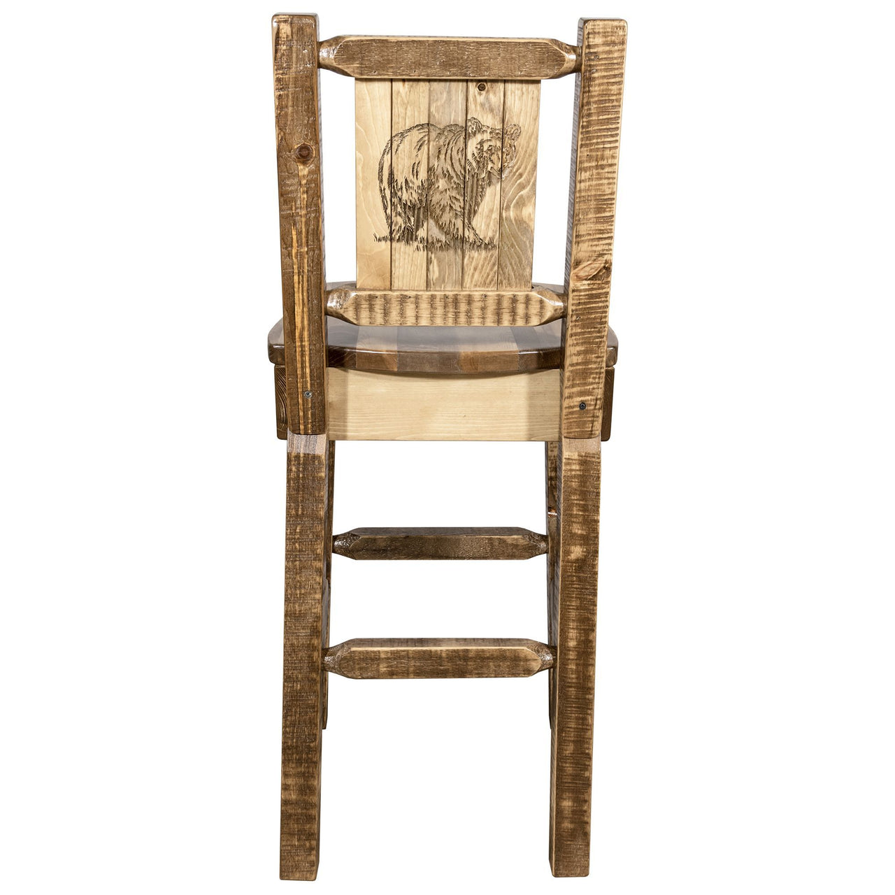 Montana Homestead MWHCBSWNRSLLZBEAR Barstool With Back and Laser Engraved Bear Design Stain Lacquer Finish