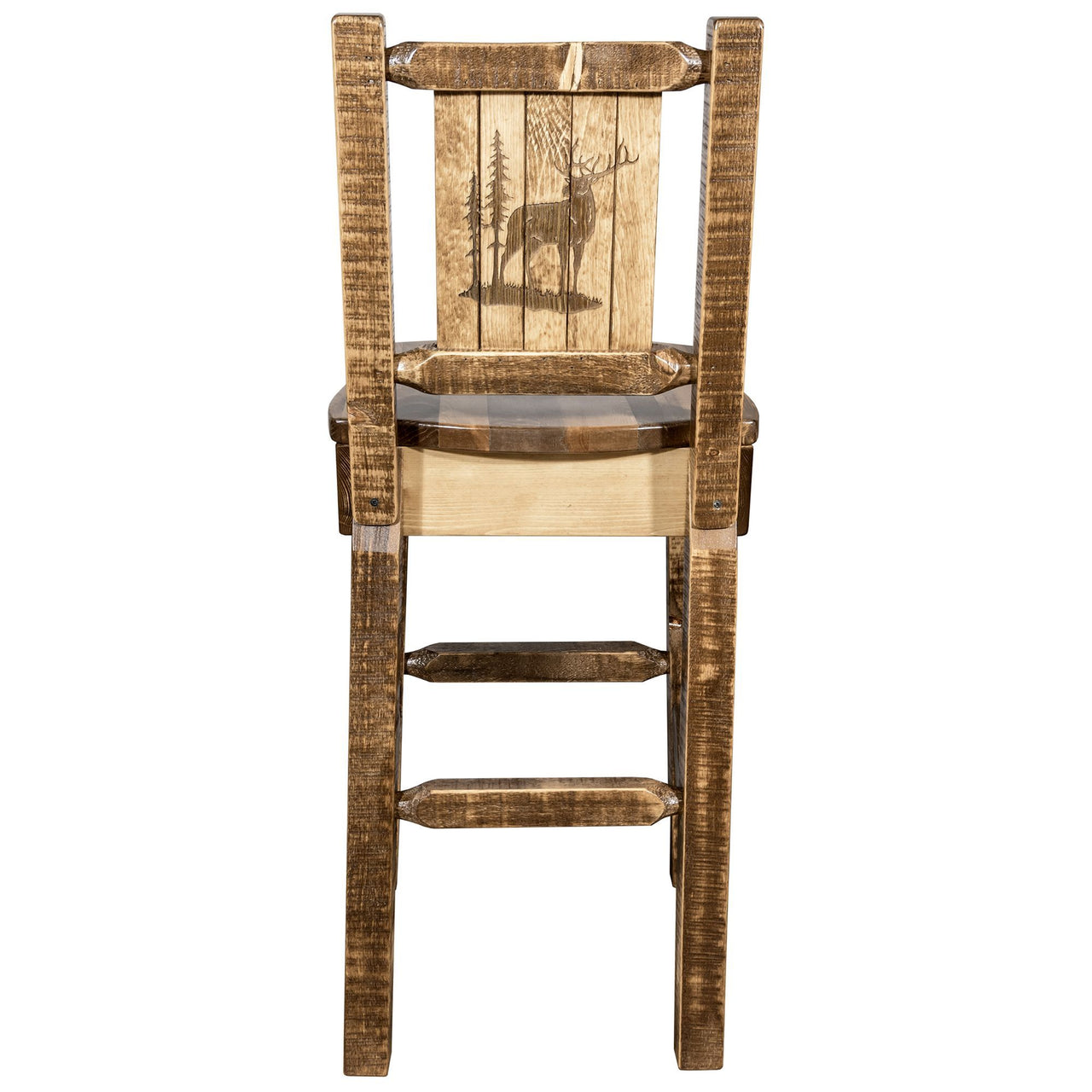 Montana Homestead MWHCBSWNRSLLZELK Barstool With Back and Laser Engraved Elk Design Stain Lacquer Finish