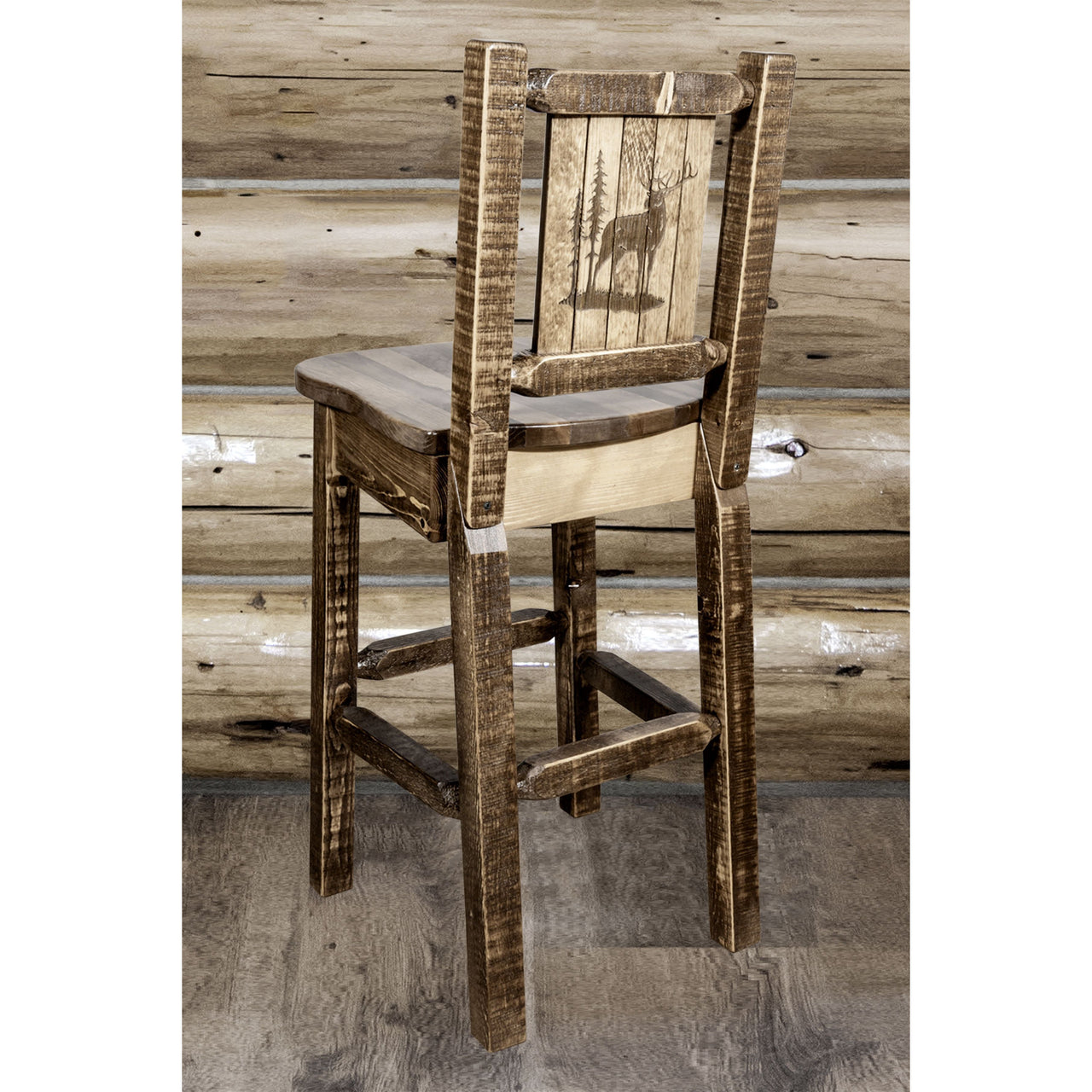 Montana Homestead MWHCBSWNRSLLZELK Barstool With Back and Laser Engraved Elk Design Stain Lacquer Finish
