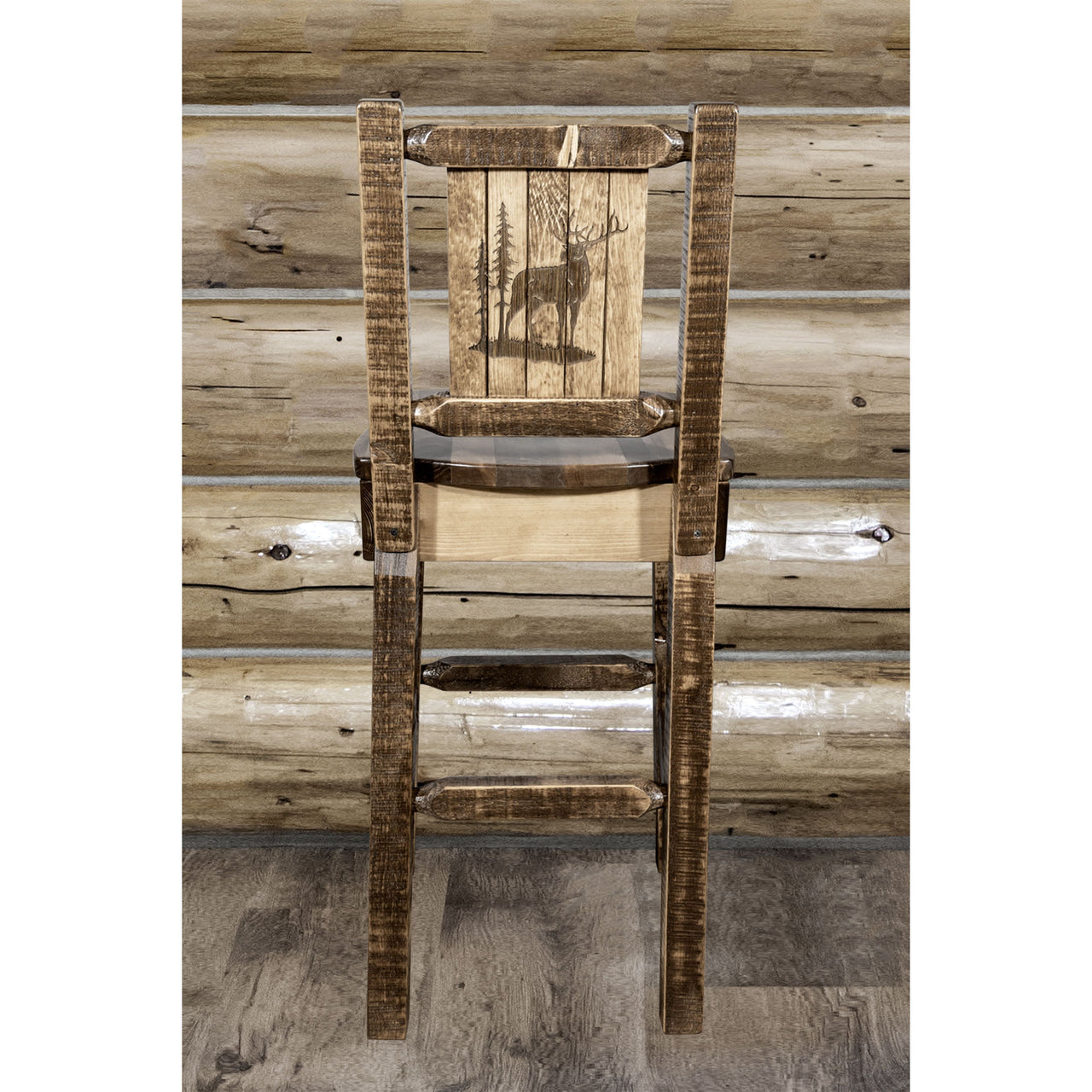 Montana Homestead MWHCBSWNRSLLZELK Barstool With Back and Laser Engraved Elk Design Stain Lacquer Finish