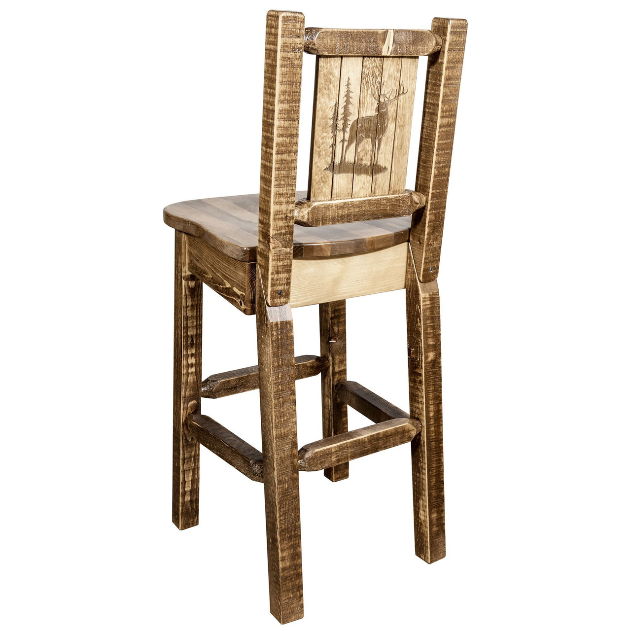 Montana Homestead MWHCBSWNRSLLZELK Barstool With Back and Laser Engraved Elk Design Stain Lacquer Finish