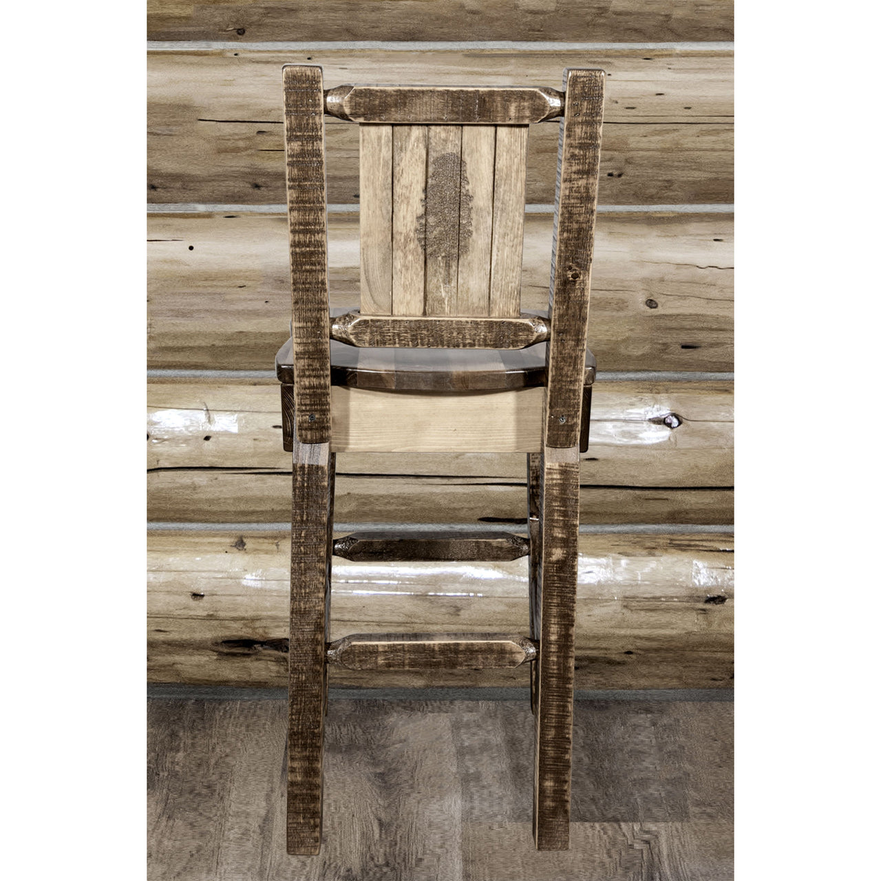 Montana Homestead MWHCBSWNRSLLZPINE Barstool With Back and Laser Engraved Pine Tree Design Stain Lacquer Finish