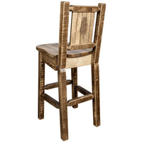 Thumbnail for Montana Homestead MWHCBSWNRSLLZPINE Barstool With Back and Laser Engraved Pine Tree Design Stain Lacquer Finish