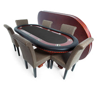 Thumbnail for BBO Rockwell Poker Table Mahogany Velveteen Black Dining With Lounge Chairs