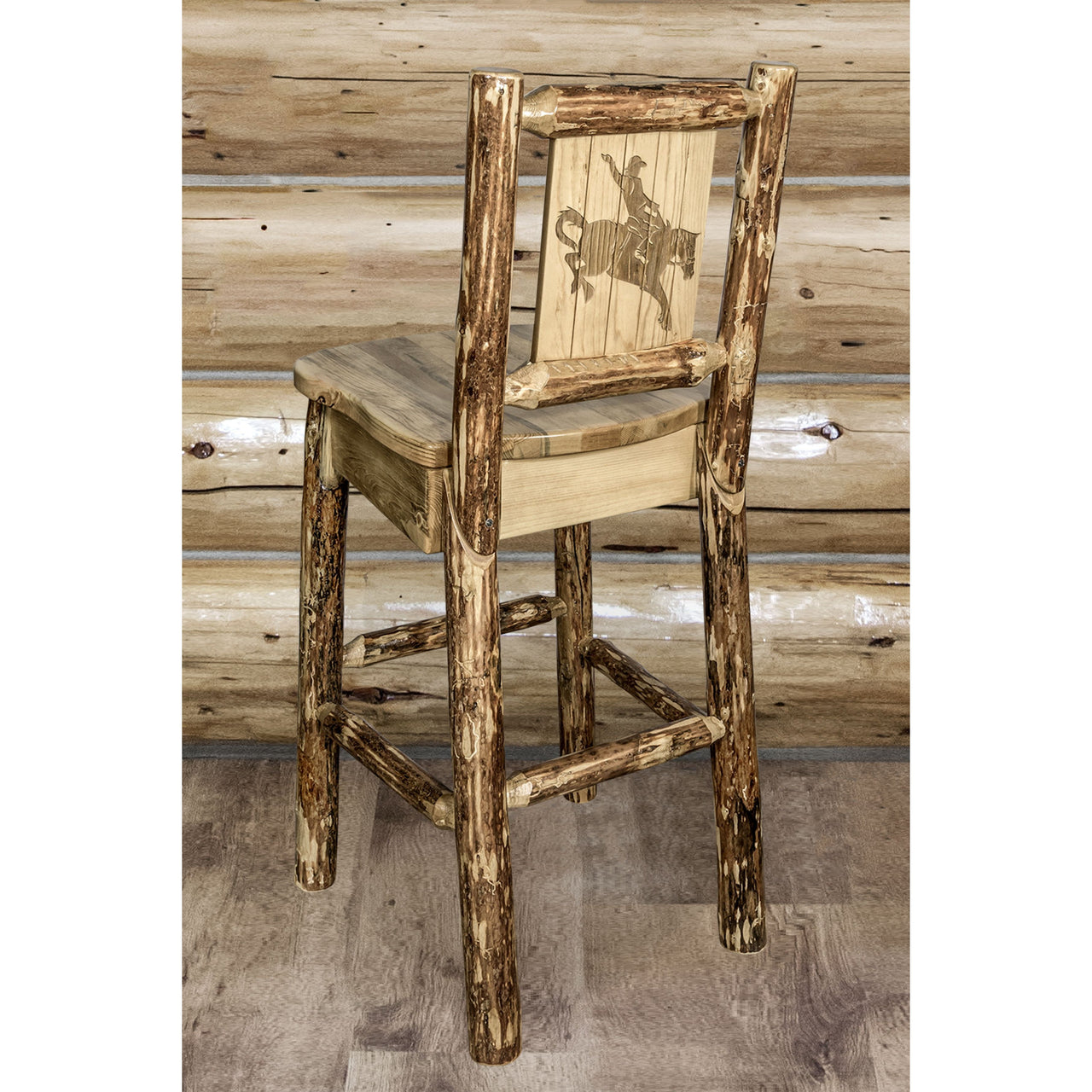 Montana Glacier Country MWGCBSWNRLZBRONC Barstool With Back and Laser Engraved Bronc Design