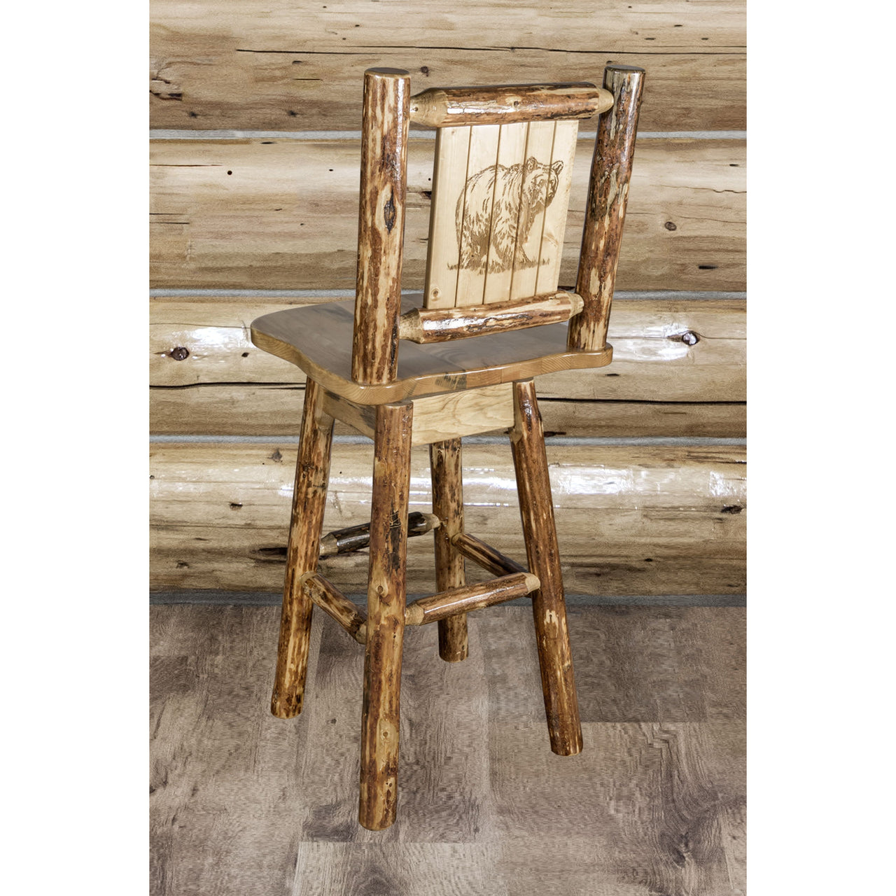 montana woodworks glacier country collection barstool with back and swivel with laser engraved bear design mwgcbswsnrlzbear indoor