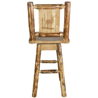 Thumbnail for montana woodworks glacier country collection barstool with back and swivel with laser engraved elk design mwgcbswsnrlzelk back