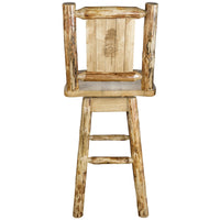 Thumbnail for montana woodworks glacier country collection barstool with back and swivel with laser engraved pinetree design mwgcbswsnrlzpine back