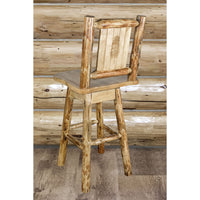 Thumbnail for montana woodworks glacier country collection barstool with back and swivel with laser engraved pinetree design mwgcbswsnrlzpine indoor