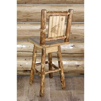 Thumbnail for montana woodworks glacier country collection barstool with back and swivel with laser engraved wolf design mwgcbswsnrlzwolf indoor