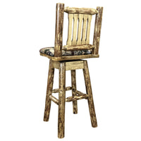 Thumbnail for montana woodworks glacier country collection barstool with back swivel mwgcbswsnrwood woodland pattern upholstered